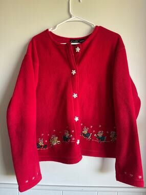 C&B Sport Vintage Christmas Fleece Jacket Large Red Reindeer Snowflake Buttons